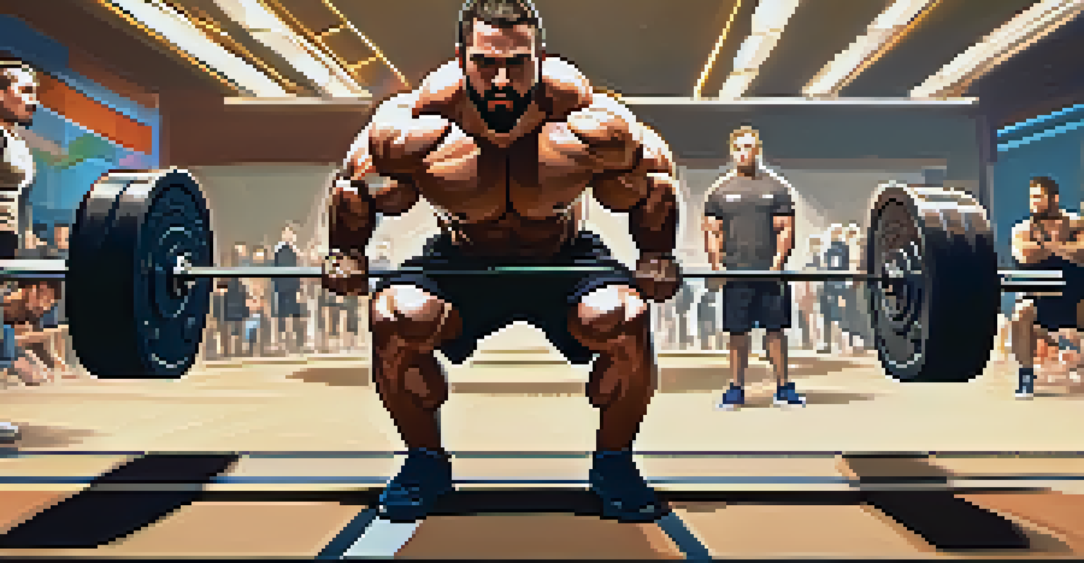 A powerlifter performing a deadlift, showcasing technique and determination with a blurred gym background.