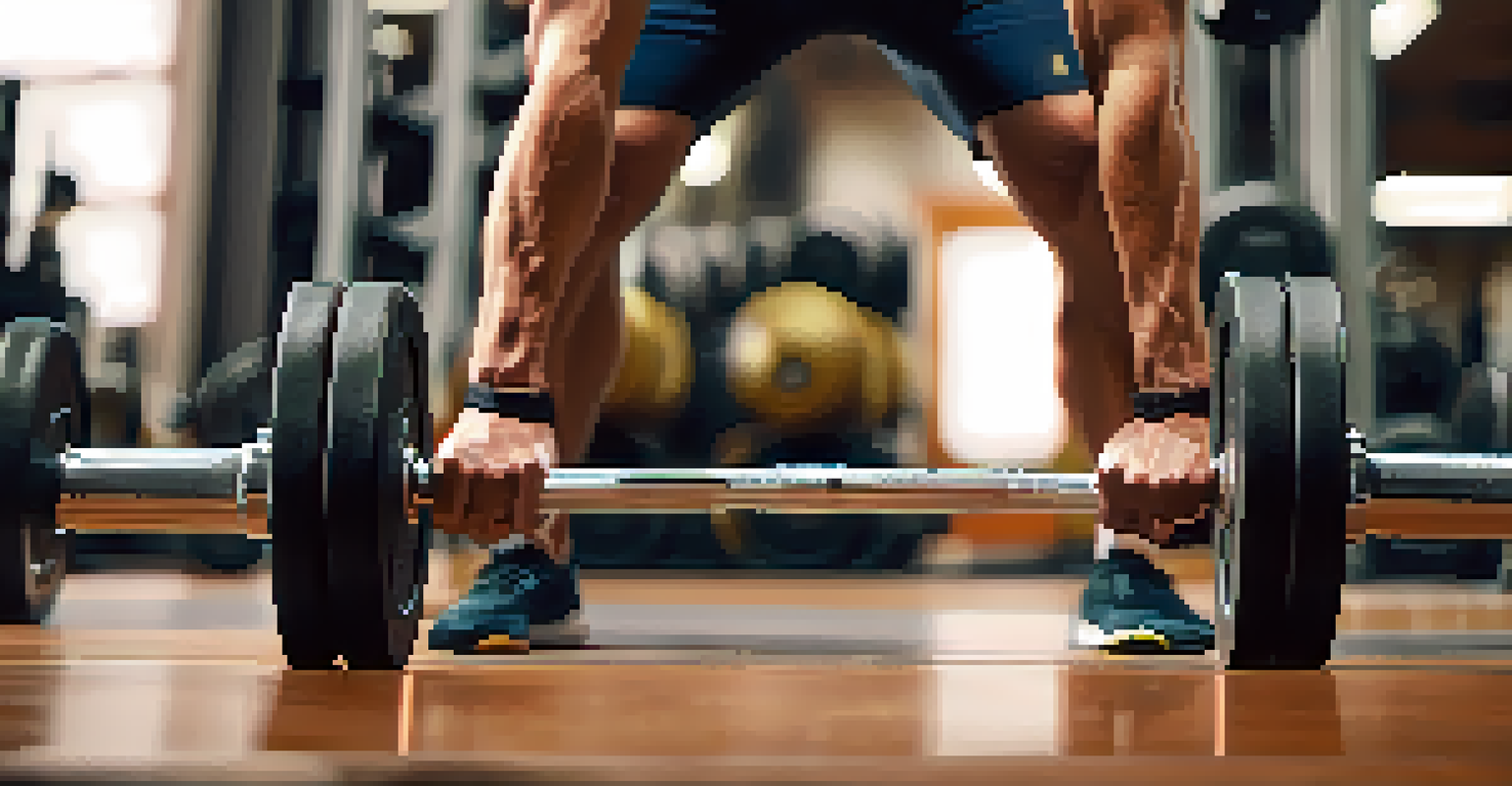 A close-up of a person's hands gripping a barbell for the floor press exercise, with gym equipment blurred in the background.