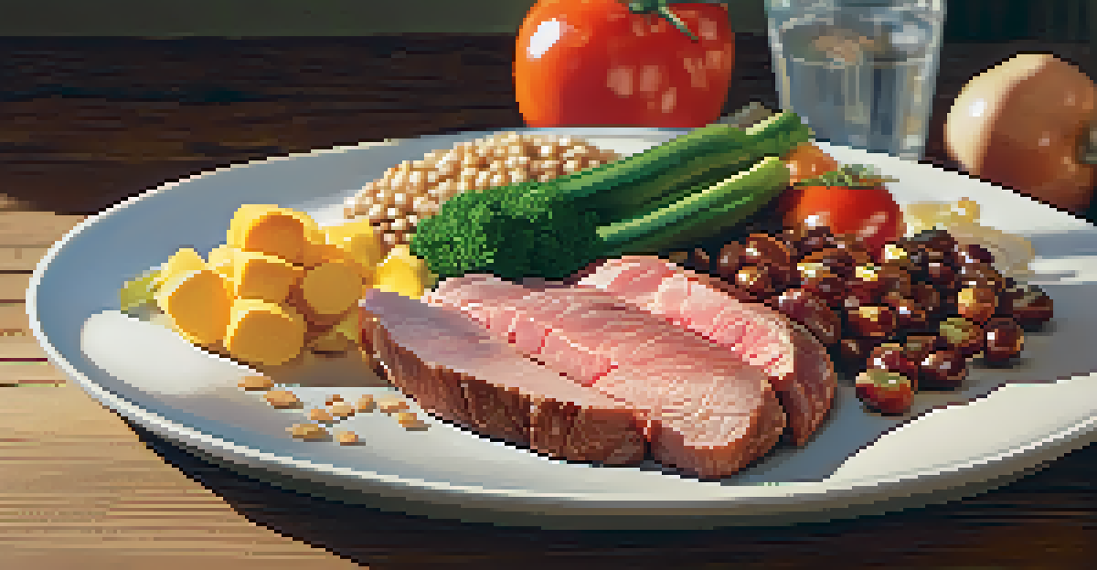 A close-up of a plate filled with nutritious foods like lean meats and colorful vegetables, arranged beautifully on a wooden table.