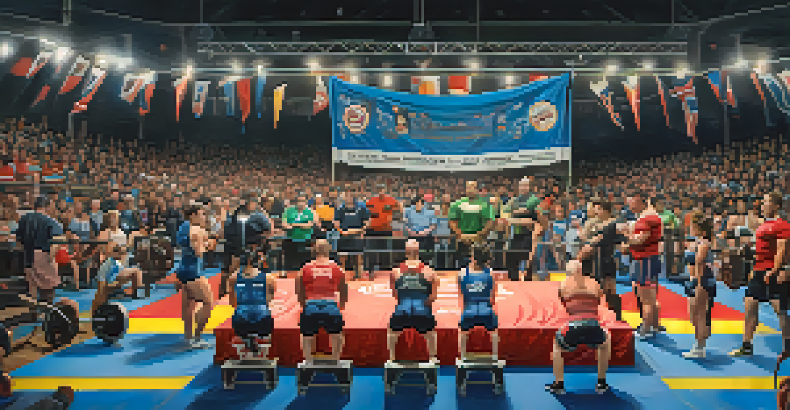 A lively powerlifting competition, featuring athletes on stage with a cheering crowd and judges observing.