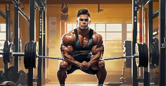 A powerlifter preparing to squat with a heavy barbell in a gym, showcasing determination and focus.