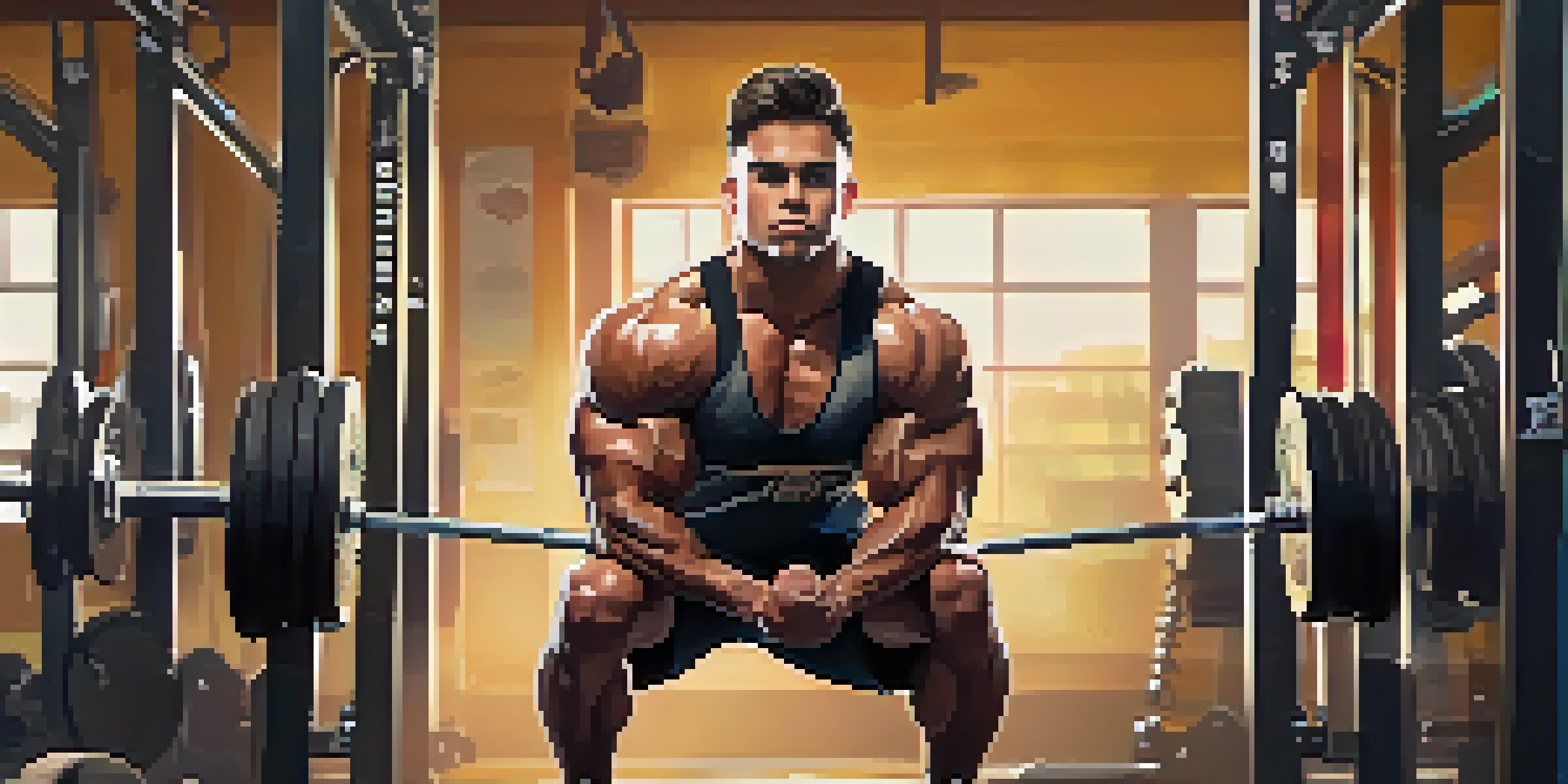 A powerlifter preparing to squat with a heavy barbell in a gym, showcasing determination and focus.