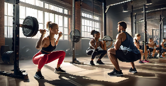 A diverse group of athletes in a gym performing different squat exercises with determination and focus.