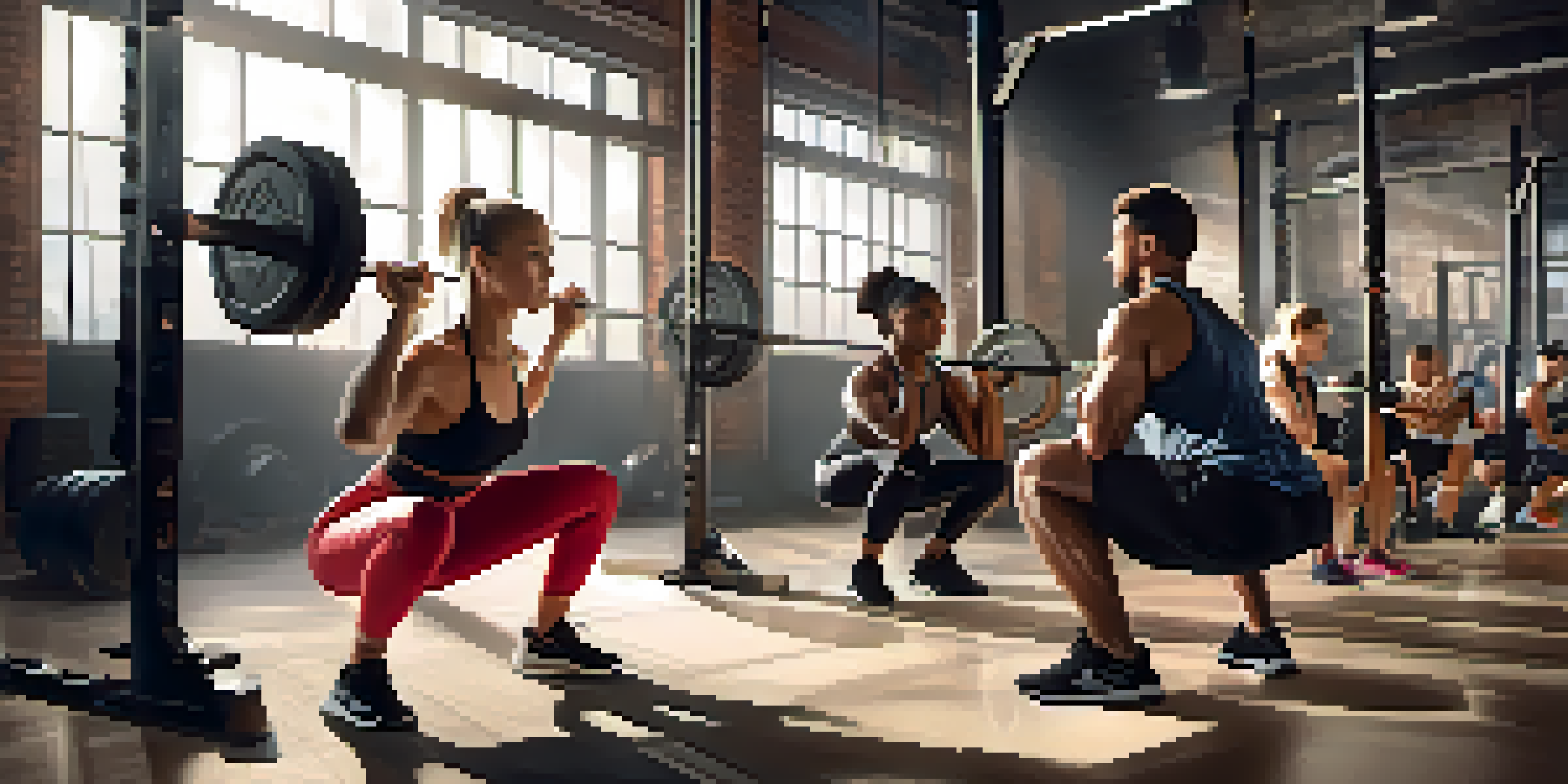 A diverse group of athletes in a gym performing different squat exercises with determination and focus.