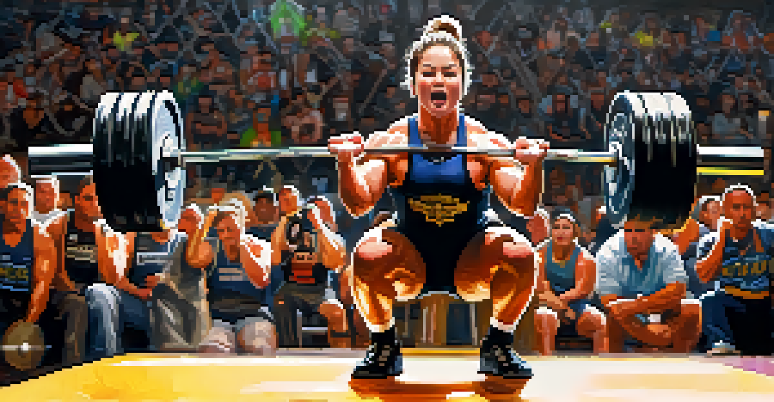 A powerlifter mid-lift during a competition, showcasing focus and determination, with an enthusiastic crowd in the background.