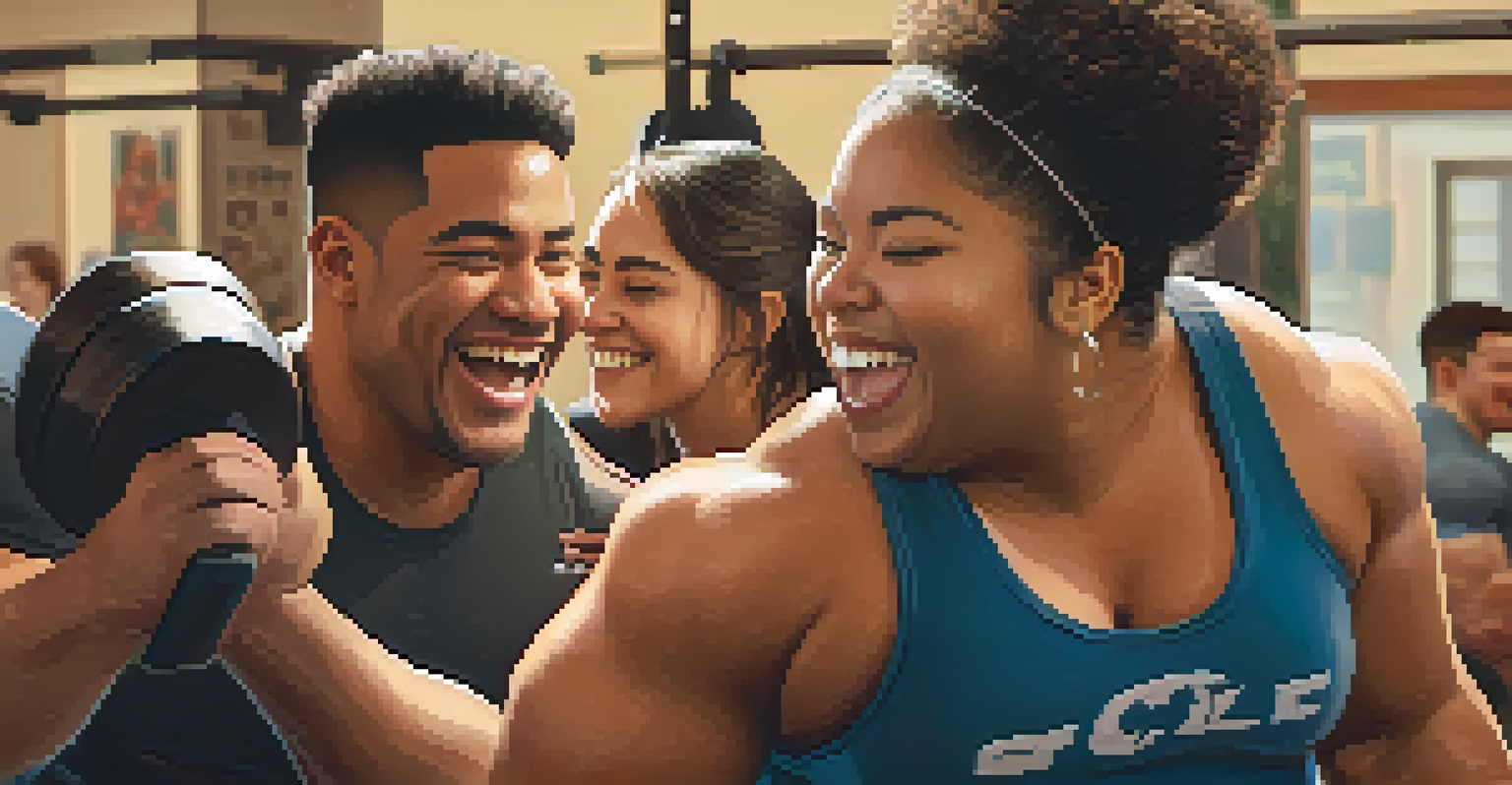 A diverse group of friends in a gym, laughing and supporting each other during a powerlifting session, highlighting community and inclusivity.