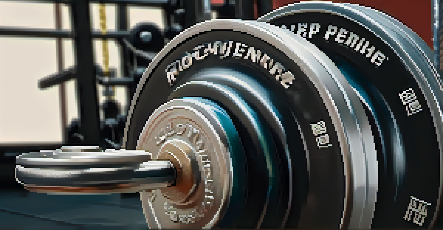 A close-up view of a powerlifting barbell plate, highlighting the details and texture of the weights with a blurred background.