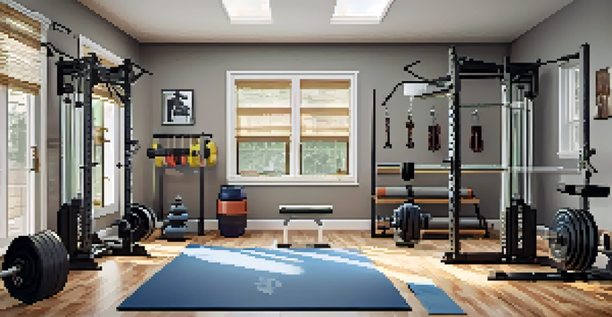 A home gym setup with powerlifting equipment, including a barbell, weights, lifting belt, and knee sleeves, illuminated by natural light.