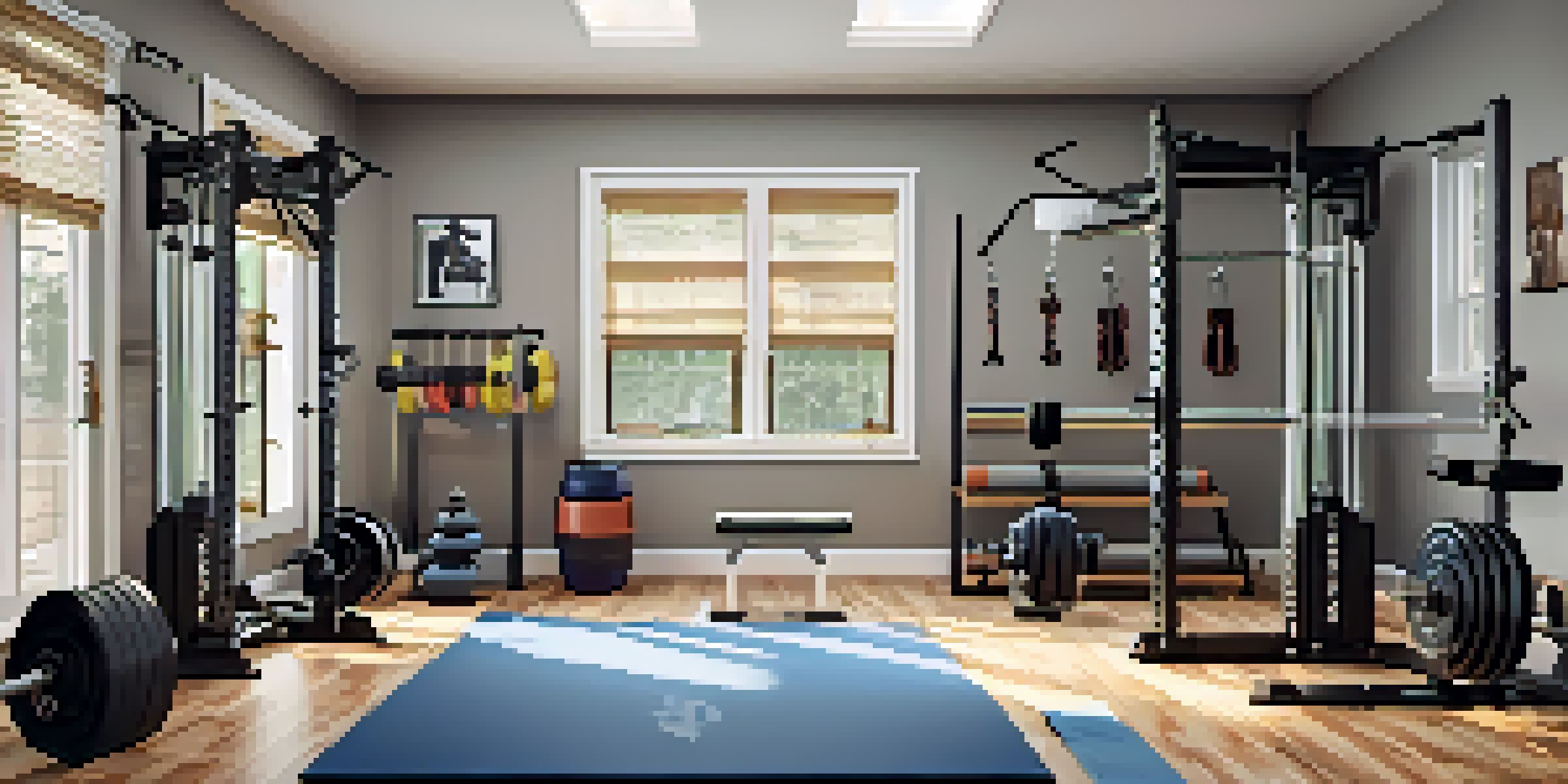 A home gym setup with powerlifting equipment, including a barbell, weights, lifting belt, and knee sleeves, illuminated by natural light.