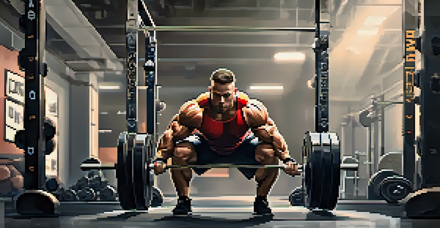 A powerlifter in action, performing a squat with proper form in a vibrant gym setting.