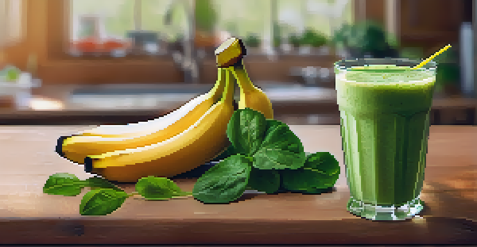 A colorful smoothie made with banana and spinach, displayed on a wooden table in a bright kitchen.