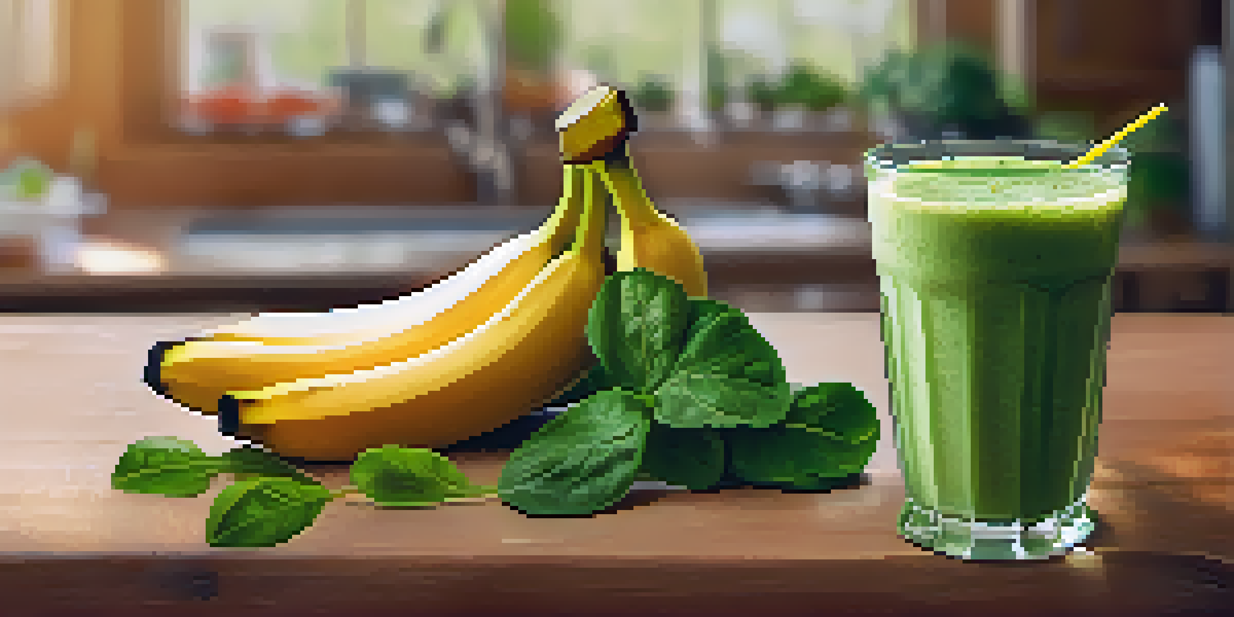 A colorful smoothie made with banana and spinach, displayed on a wooden table in a bright kitchen.