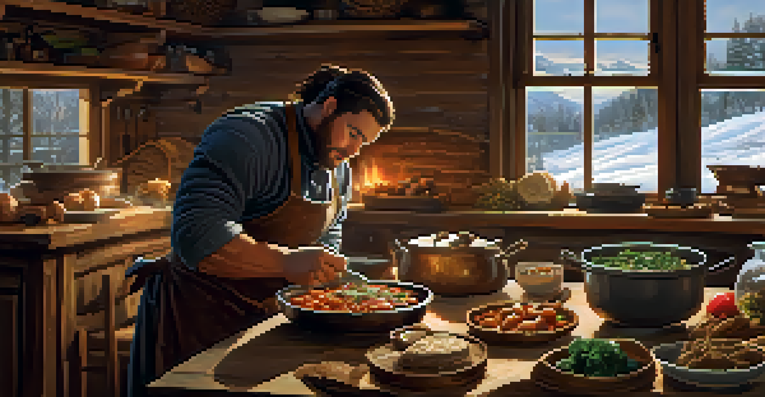 A powerlifter in a cozy winter kitchen preparing a hearty meal with warming foods and a fireplace in the background.