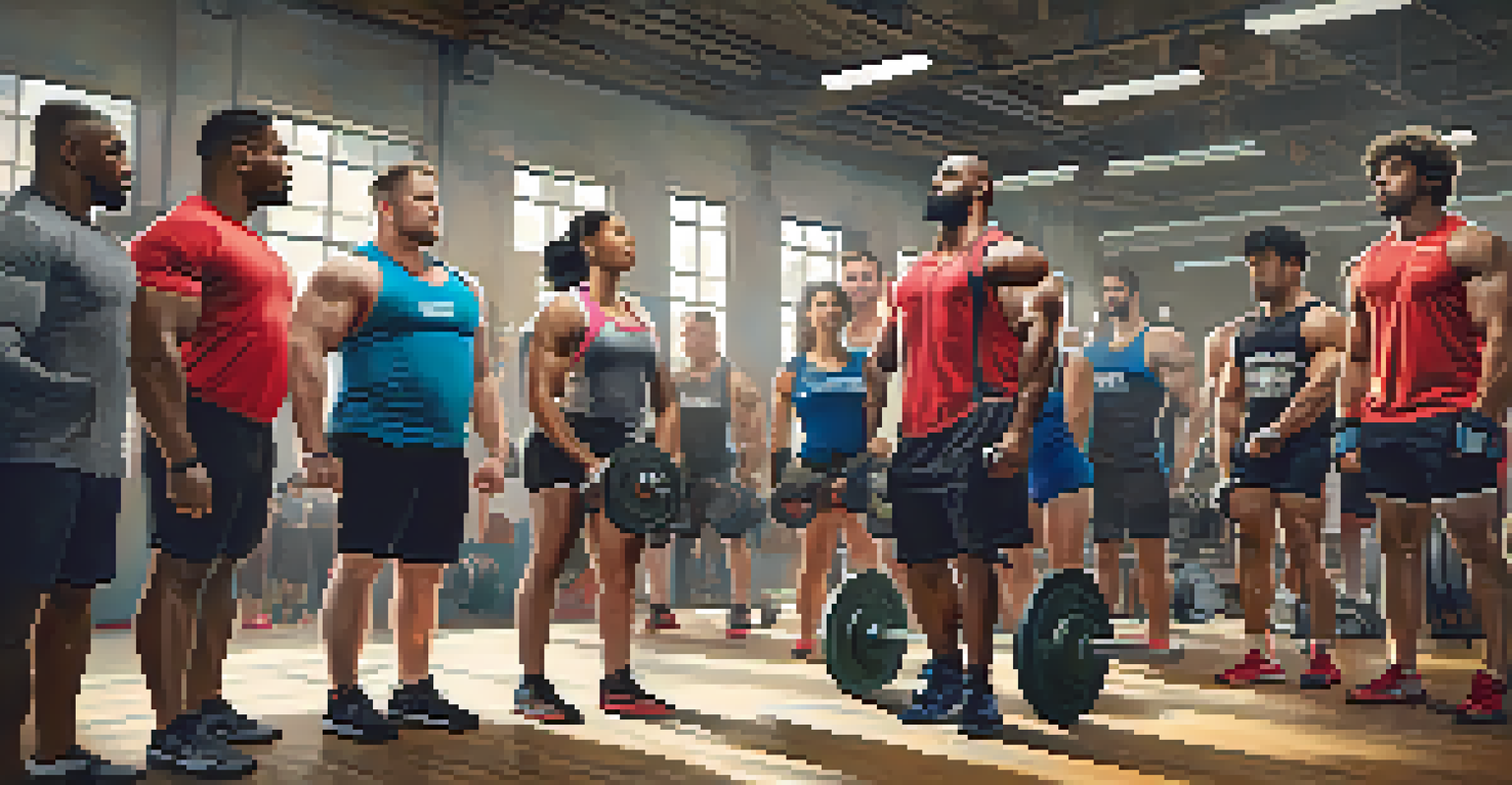 A diverse group of powerlifters training together in a supportive gym environment, showcasing camaraderie and encouragement.