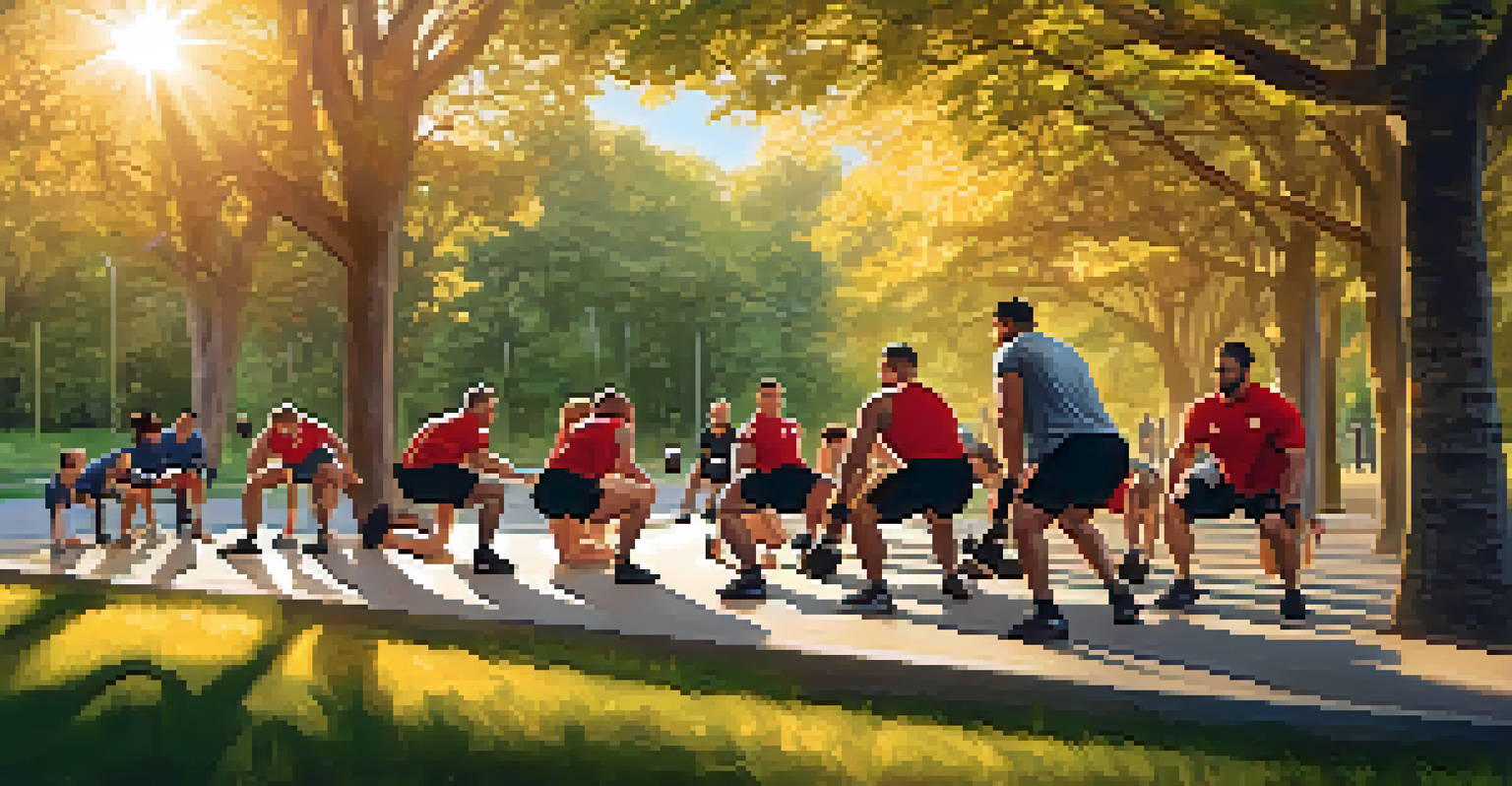 A diverse group of individuals engaging in dynamic stretching outdoors in a park, with a sunset backdrop, promoting camaraderie and motivation.