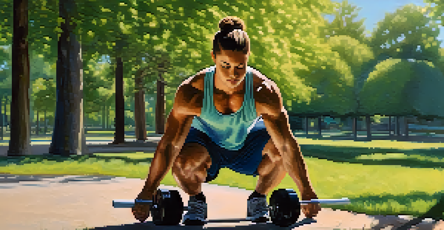 A powerlifter warming up outdoors in a park, surrounded by greenery and a clear sky, exuding tranquility and focus.