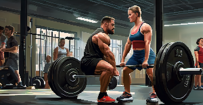 A coach instructs an athlete in proper lifting technique in a gym, surrounded by weights and fitness equipment.