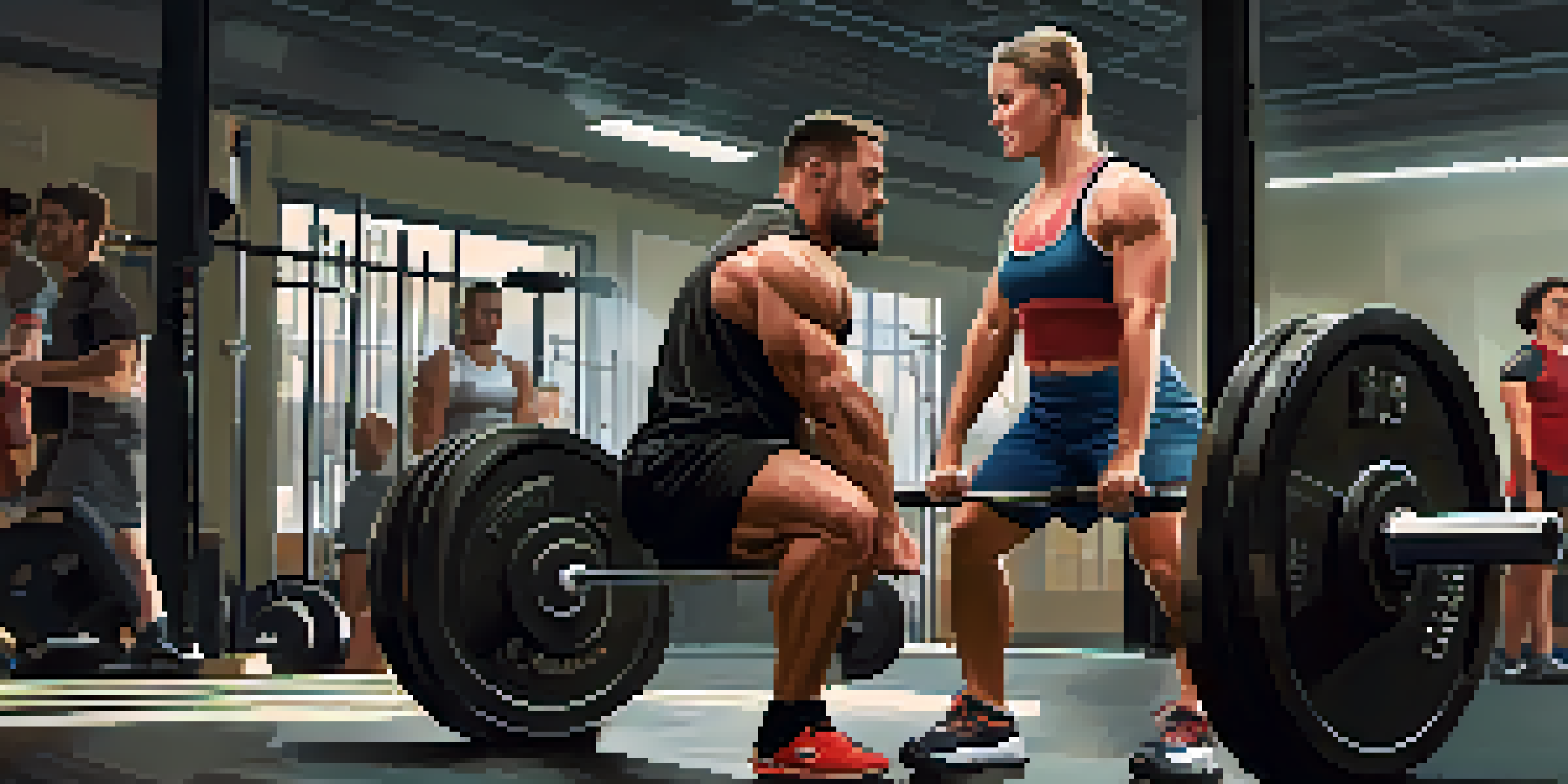 A coach instructs an athlete in proper lifting technique in a gym, surrounded by weights and fitness equipment.