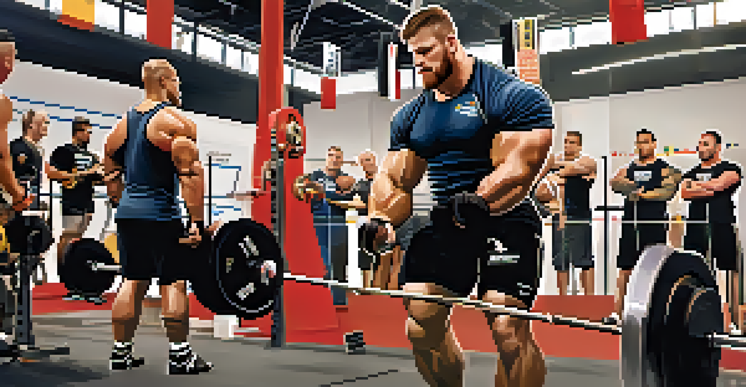 A smartphone displaying social media posts about a powerlifting charity event with lifters training in the background.
