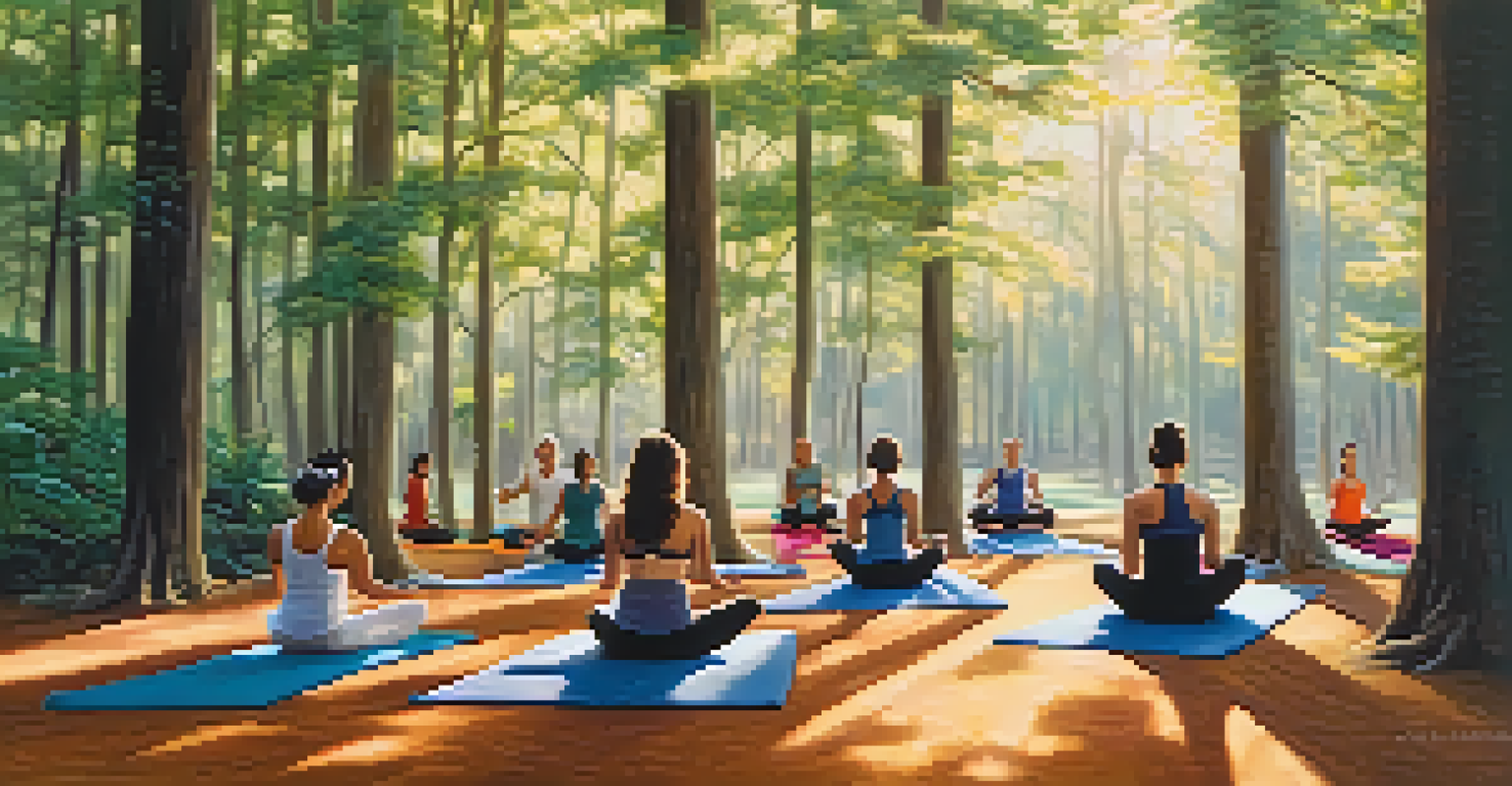 Individuals practicing yoga in a tranquil outdoor setting with natural lighting.