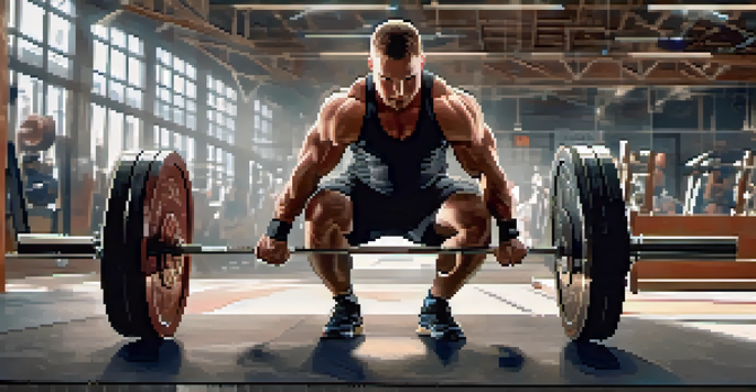 A powerlifter performing a squat in a gym, with focused expression and highlighted muscles under bright lights.