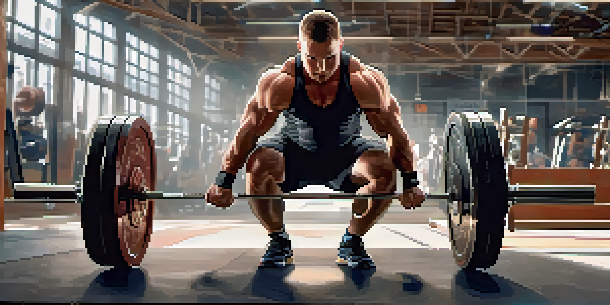 A powerlifter performing a squat in a gym, with focused expression and highlighted muscles under bright lights.