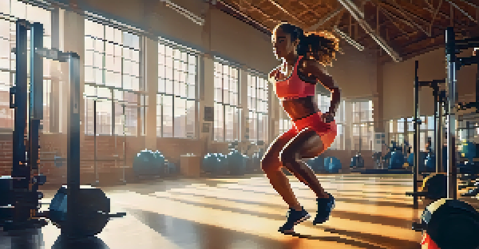 A young woman performing jump squats in a sunlit gym, mid-air with gym equipment in the background.