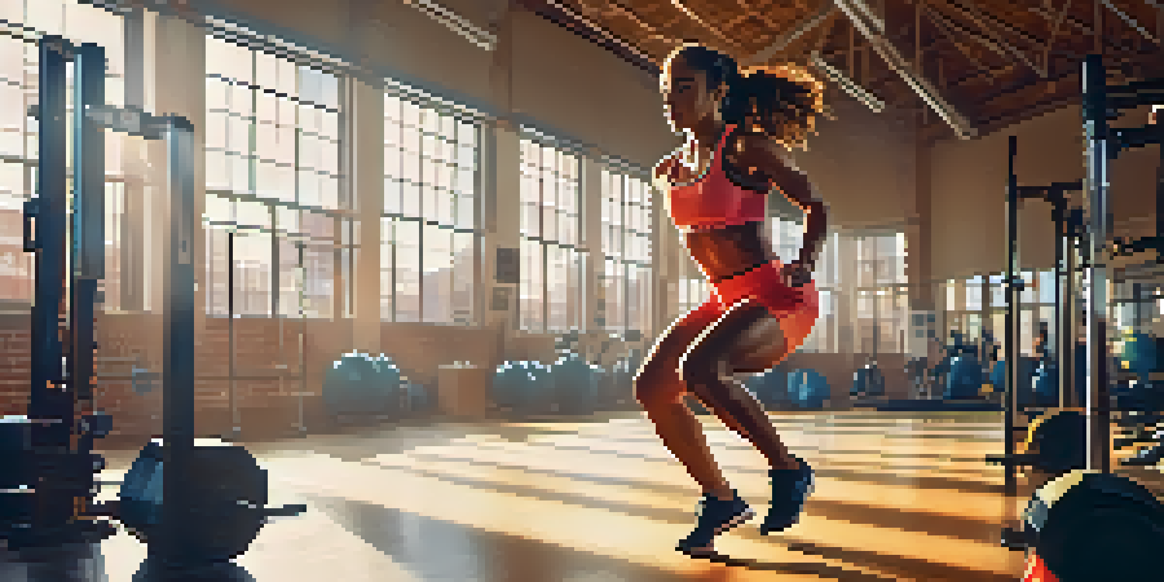 A young woman performing jump squats in a sunlit gym, mid-air with gym equipment in the background.