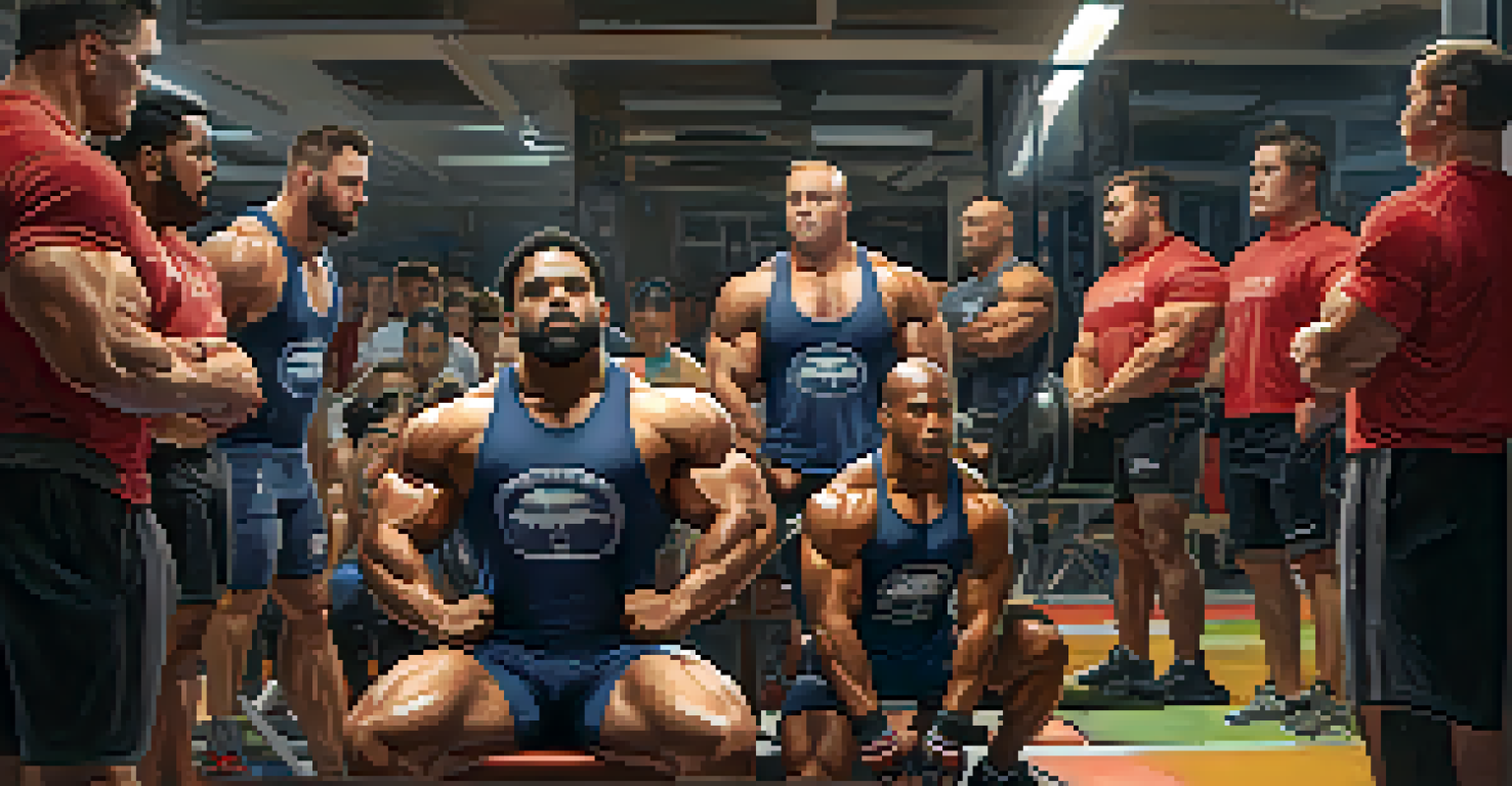 A supportive group of diverse powerlifters training together in a gym, with a coach assisting an athlete.