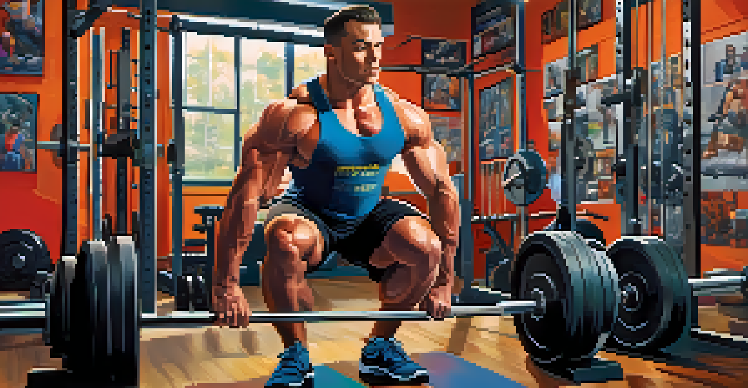 A powerlifter in a gym preparing for a workout, surrounded by weights and training equipment.