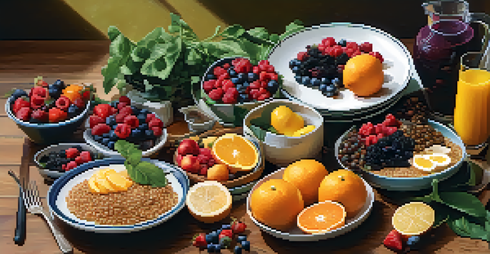 A table displaying a variety of colorful foods including fruits, vegetables, grains, and proteins arranged for a nutritious recovery meal.