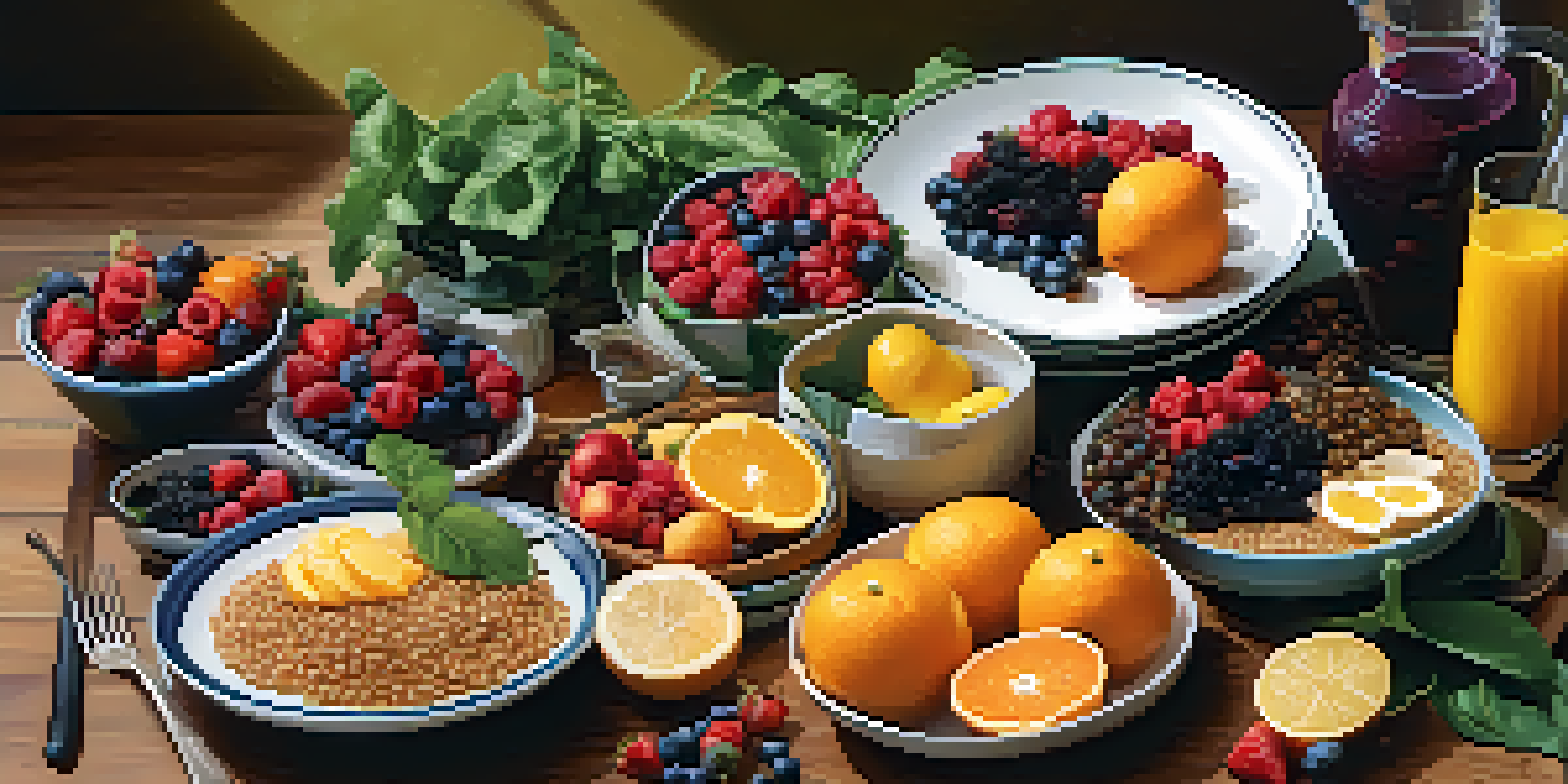 A table displaying a variety of colorful foods including fruits, vegetables, grains, and proteins arranged for a nutritious recovery meal.