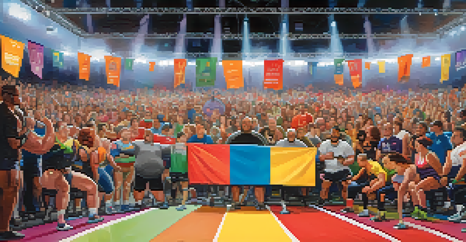 A lively powerlifting event showcasing athletes of all genders, with a supportive crowd and colorful banners promoting inclusivity in the background.