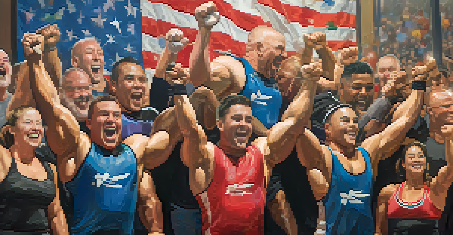 Powerlifters celebrating their achievements with high-fives and cheers in a lively gym atmosphere.