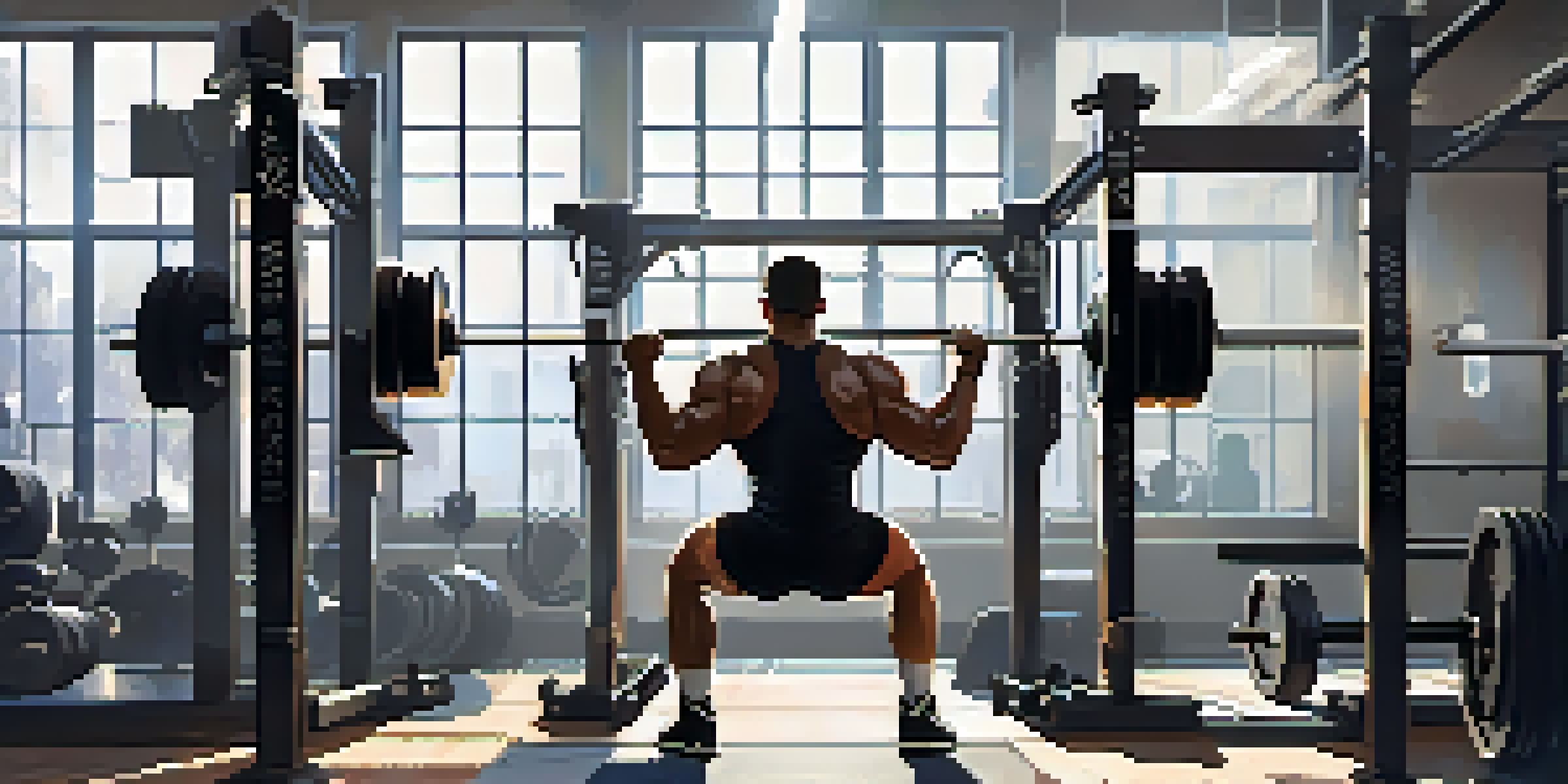 A powerlifting gym with an athlete squatting under the guidance of a coach, featuring well-lit natural lighting and motivational quotes on the walls.