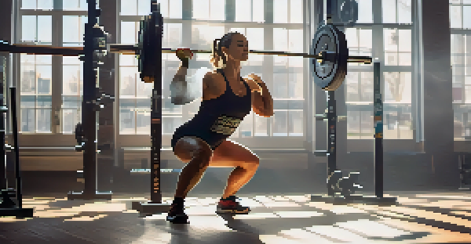 A person practicing powerlifting in a bright indoor gym, performing a squat with a barbell.