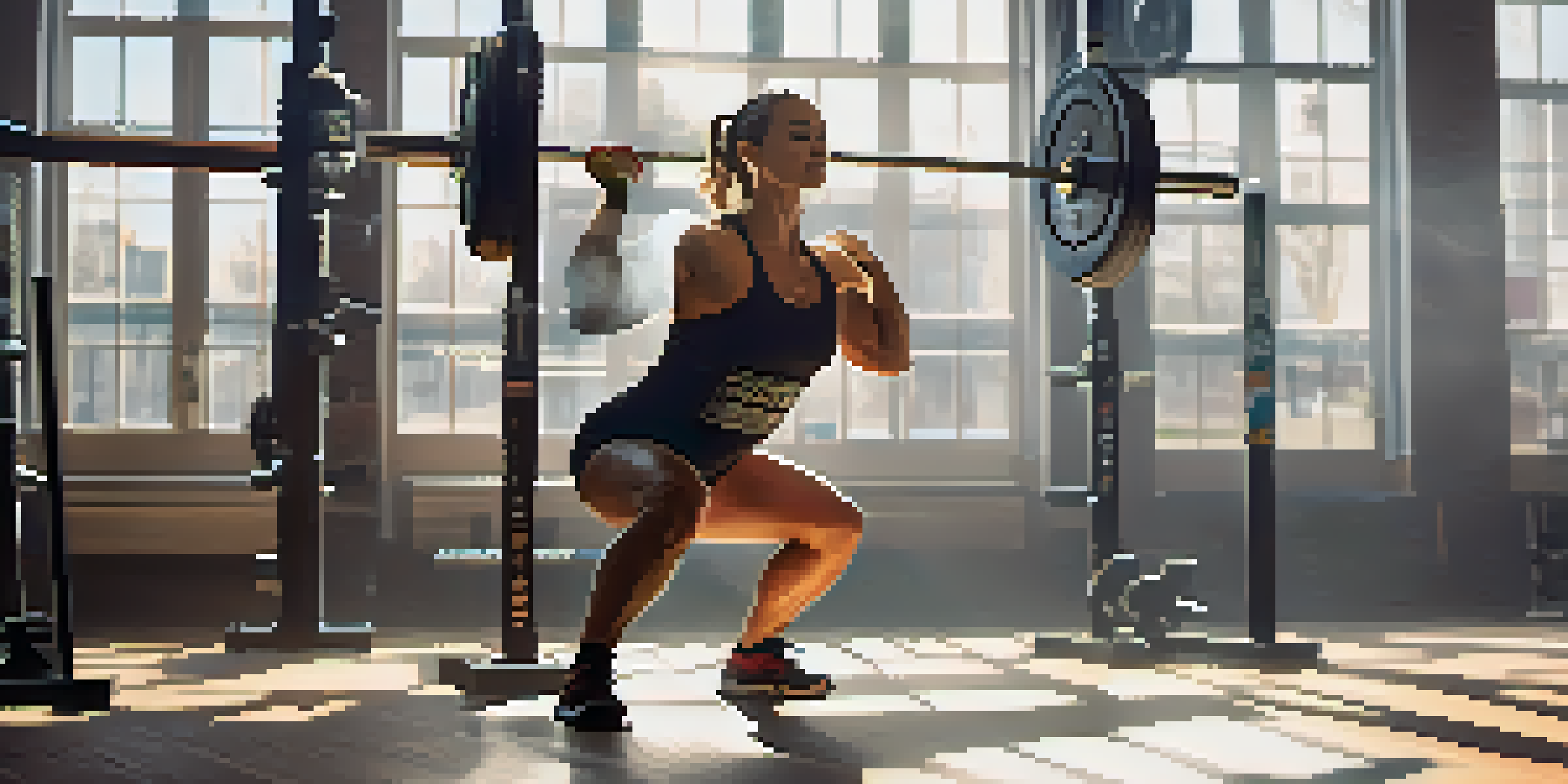 A person practicing powerlifting in a bright indoor gym, performing a squat with a barbell.