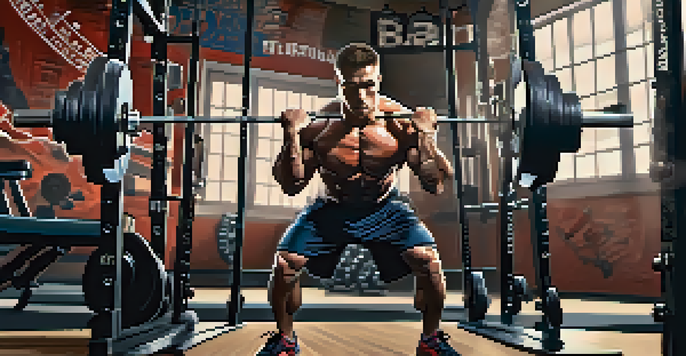 A focused powerlifter lifting a heavy barbell in a gym, surrounded by workout equipment and motivational posters.