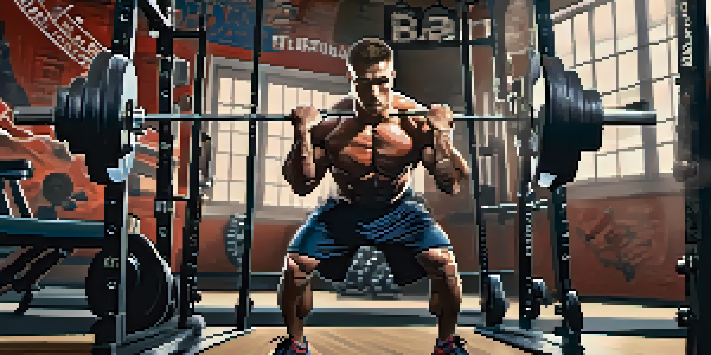 A focused powerlifter lifting a heavy barbell in a gym, surrounded by workout equipment and motivational posters.