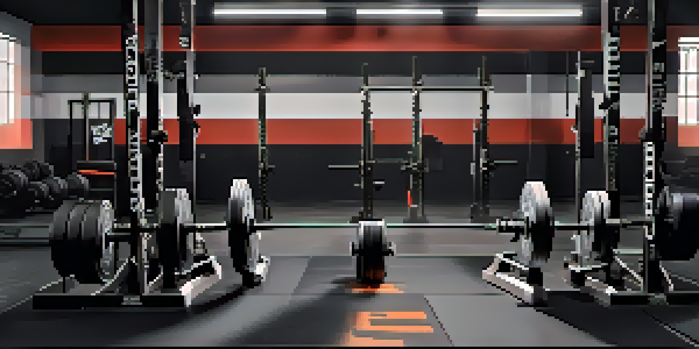 A visually appealing arrangement of powerlifting gear, including a lifting belt, squat shoes, wrist wraps, and knee sleeves on a gym bench, with weights and a powerlifting platform in the background.