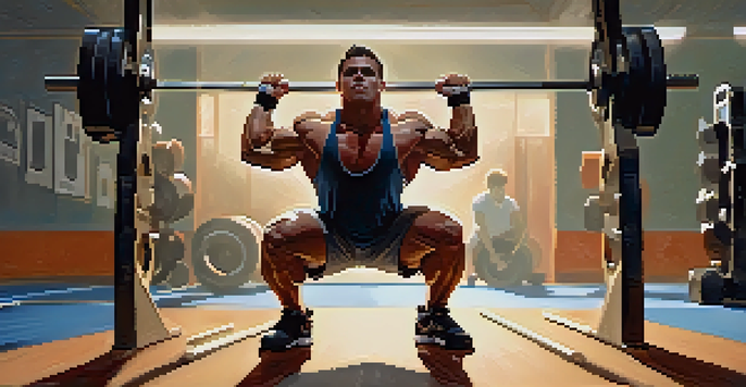 A muscular powerlifter in a gym, squatting with a barbell on their shoulders, illuminated by bright lights.