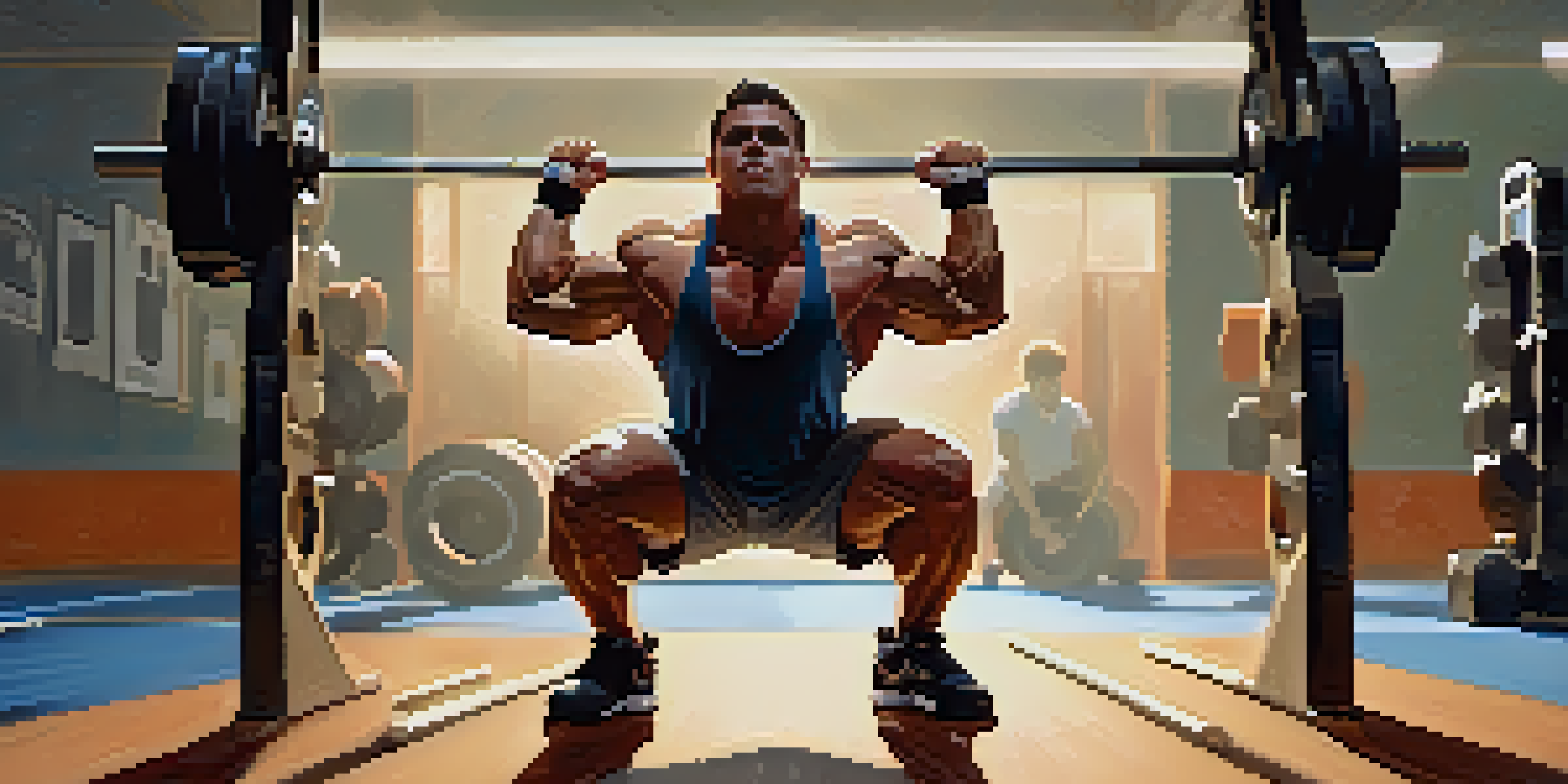 A muscular powerlifter in a gym, squatting with a barbell on their shoulders, illuminated by bright lights.