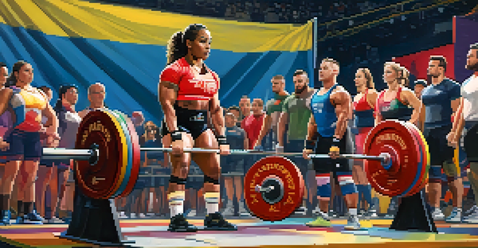 A diverse group of athletes competing in a powerlifting competition, with a female lifter at the center preparing to lift a barbell.