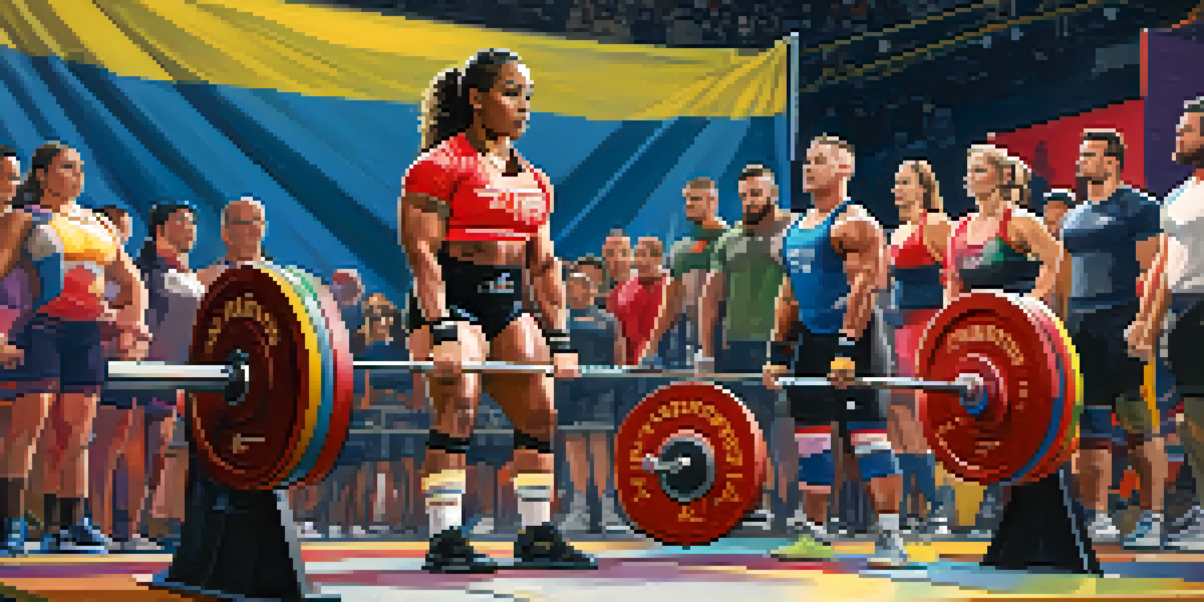 A diverse group of athletes competing in a powerlifting competition, with a female lifter at the center preparing to lift a barbell.