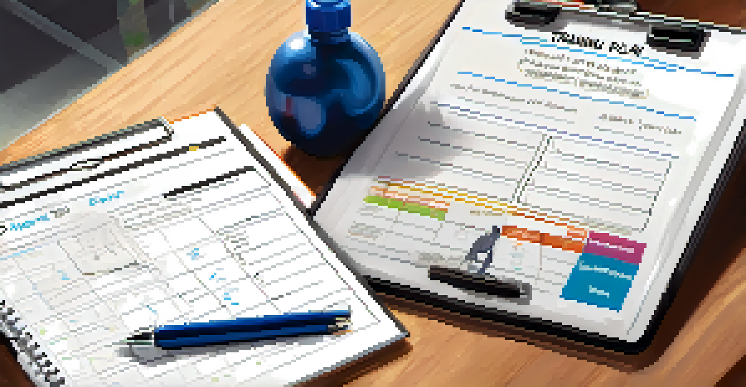 A close-up of a personalized powerlifting training plan on a clipboard in a training space.