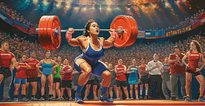 A female powerlifter squatting with weights, surrounded by cheering teammates in a competition setting.