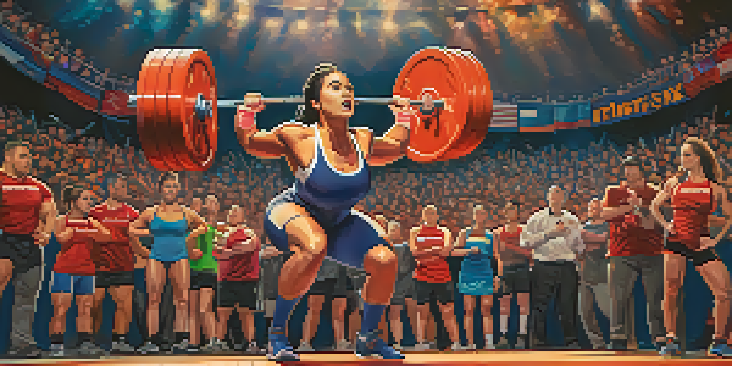 A female powerlifter squatting with weights, surrounded by cheering teammates in a competition setting.