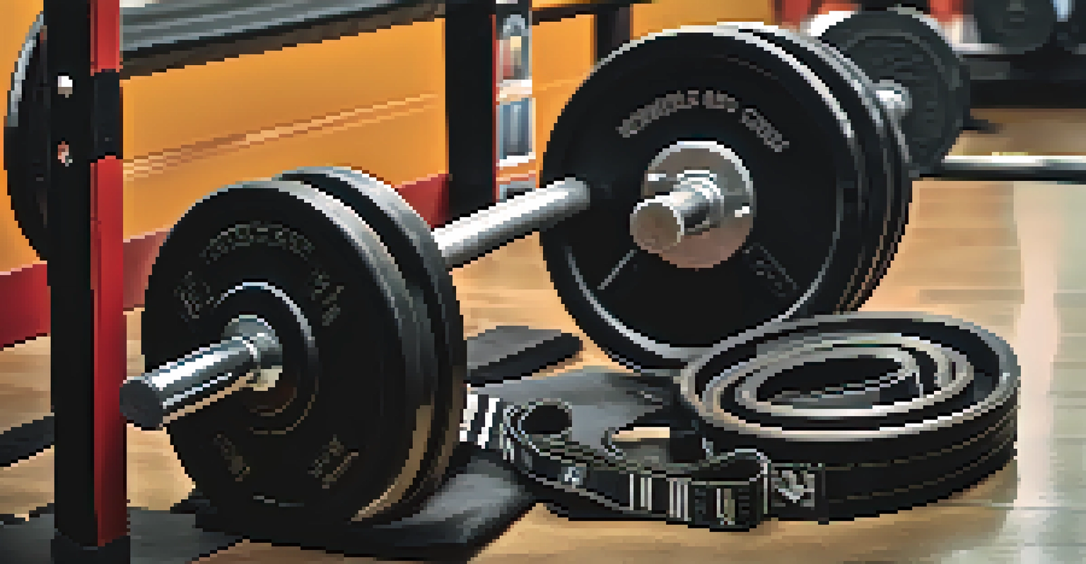 A close-up of powerlifting equipment like a belt and knee sleeves on a gym bench with blurred weights in the background.