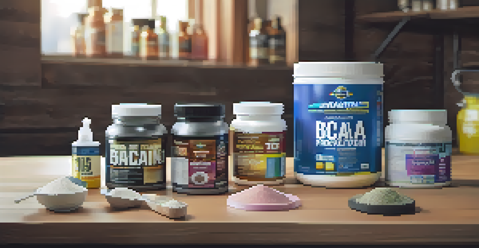 A selection of powerlifting supplements like creatine and protein powder arranged on a wooden table.