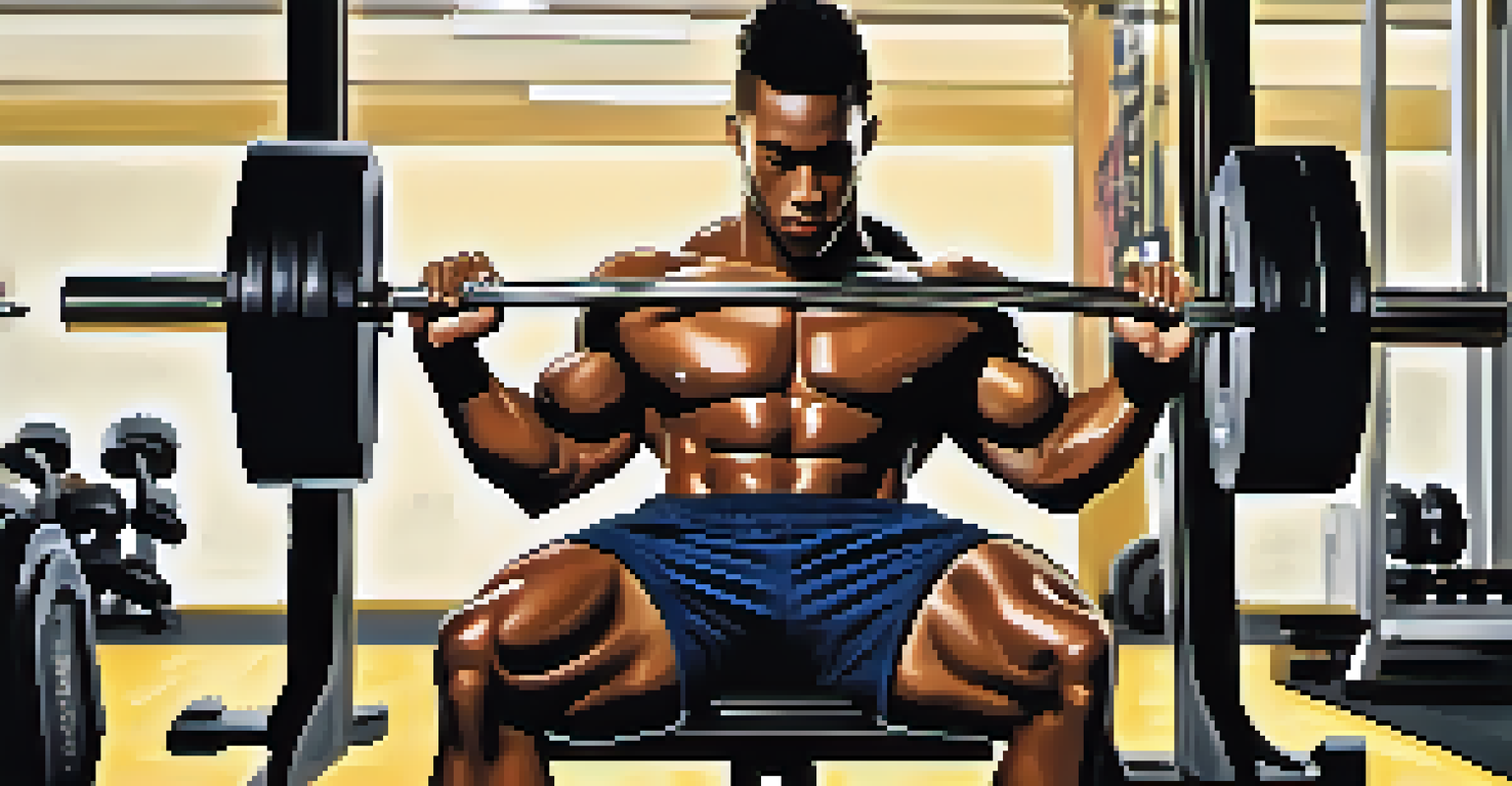 A powerlifter lifting weights in a gym, with a protein shake and banana on a bench nearby, highlighting post-workout nutrition.